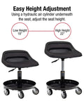 Telescoping Tractor Seat With Parts Tray, 300 Lb Capacity, Adjustable Height 18 To 22 Inches, showing seat height adjustment