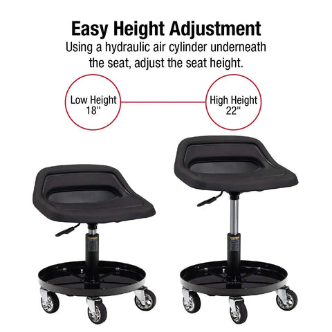 Telescoping Tractor Seat With Parts Tray, 300 Lb Capacity, Adjustable Height 18 To 22 Inches, showing seat height adjustment