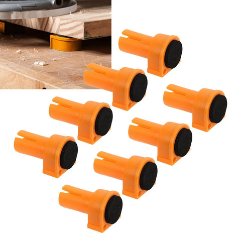 Set Of 8 19mm Nylon Bench Dogs For Woodworking, Non Marring Workbench Pegs With Clamping Pads, orange pegs demonstrating use on wood