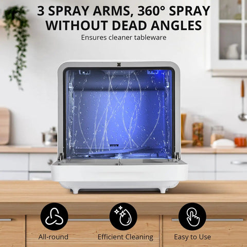 Portable Countertop Dishwasher With Six Wash Cycles Triple D Spray Arms And High Temp Drying Slick Touch Controls For Apartments Or RV Space Zero Sweat Cleaning And Game Changing Performance, showing interior with 360-degree spray.