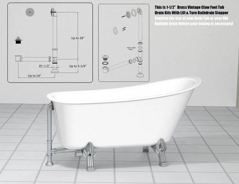 Vintage Claw Foot Tub Drain Kit With Lift And Turn Stopper, Solid Brass Build, 1-1/2 Inch Overflow Assembly diagram with dimensions.