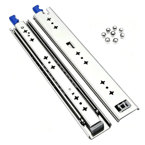 Heavy Duty Full Extension Ball Bearing Drawer Slides With Dead Easy Side Mount Tracks For File Cabinets And Trash Cans Built Tough Cold Rolled Steel At 16 Inches, showing metal slides and steel balls.