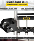 Close-up of Three Station Edge Roller Bender for Sheet Metal Fabrication, adjustable heights, V-shaped rollers, black and silver finish