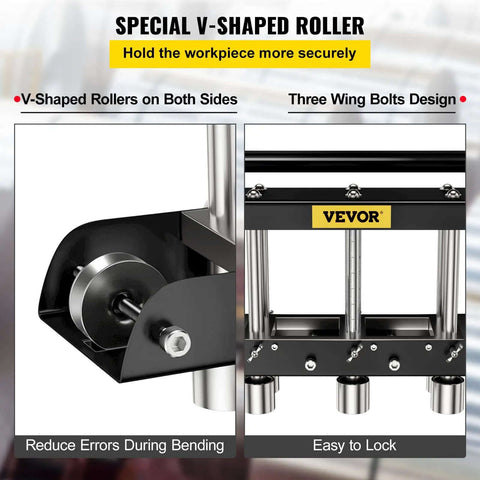Close-up of Three Station Edge Roller Bender for Sheet Metal Fabrication, adjustable heights, V-shaped rollers, black and silver finish