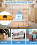 Dollate 26400 Lbs Heavy Duty Machine Skates 12 Ton Capacity Industrial Dolly Plates under loaded pallets in a warehouse.