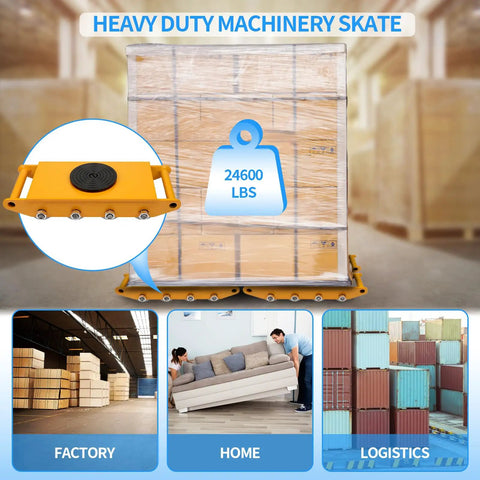 Dollate 26400 Lbs Heavy Duty Machine Skates 12 Ton Capacity Industrial Dolly Plates under loaded pallets in a warehouse.