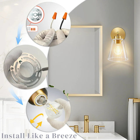 Gold Wall Sconces Set Of 2 Modern Industrial Brass Wall Lamps For Bedroom Living Room Kitchen Over Sink Hallway With Clear Cone Glass Shades Warm Ambient Lighting Easy Install Perfect For Bath Vanities