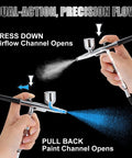 Hands demonstrating dual-action airbrush from Pro Grade Airbrush Kit With Tough-Pressure Compressor, 55 Psi, Clog-Resistant Dual-Action Gun.