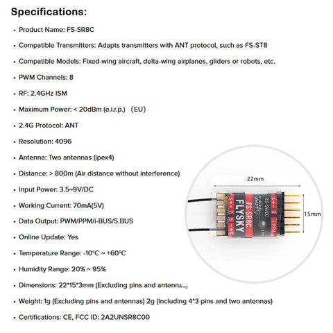 Specifications of 2.4GHz ANT Protocol 8CH RC Receiver With Dual Antennas Rock Solid Two Way Link Compatible With Flysky FS-ST8