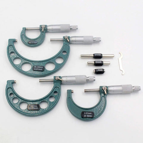 Four Piece Outside Micrometer Set 0 To 100mm With 0.01mm Graduation Carbide Tips Hardened Spindle And Easy Readouts For Quick Accurate Machinist Measurements