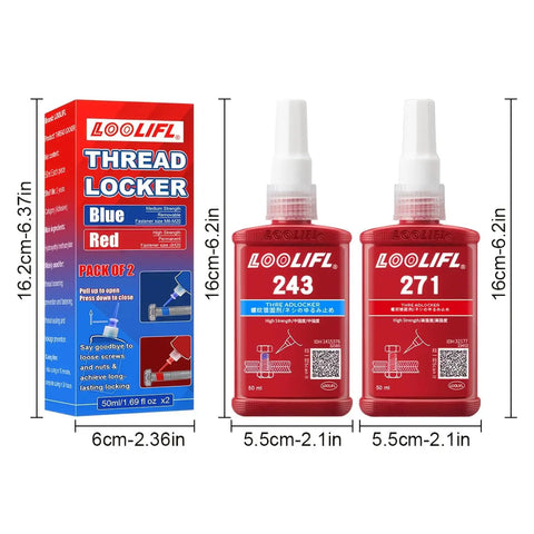 2 Pack Thread Locker Blue 243 Medium Strength And Red 271 Heavy Duty Threadlockers 50 Milliliters Each bottles and packaging