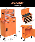 5-Drawer Rolling Tool Chest With Wheels Top Chest And Bottom Cabinet Locking Door Side Tray Pegboard Hooks For Garage Workshop Storage And Organization, orange dimensions shown