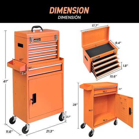 5-Drawer Rolling Tool Chest With Wheels Top Chest And Bottom Cabinet Locking Door Side Tray Pegboard Hooks For Garage Workshop Storage And Organization, orange dimensions shown