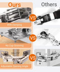 Comparison of Pair Of 175 Degree Frameless Soft Close Cabinet Hinges With Hidden Hydraulic Lazy Susan Function vs traditional hinges