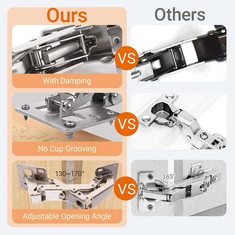 Comparison of Pair Of 175 Degree Frameless Soft Close Cabinet Hinges With Hidden Hydraulic Lazy Susan Function vs traditional hinges