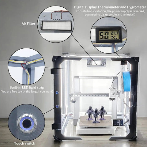 3D Printer Enclosure Kit With Filament Drying Box, LED Light And Built-In Fan, featuring thermometer, air filter, and switch.
