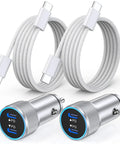 Two Pack Dual Port USB C Fast Car Charger With Nylon Braided USB C To USB C Cables, silver chargers and white cables