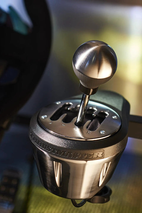 Next Level All Metal H Pattern And Sequential Sim Racing Shifter With Real Hall Effect Sensors For Plug And Play Setup And Ridiculously Smooth Shifts On Ps5 Xbox Pc, close-up angle showing gear lever and metal base.