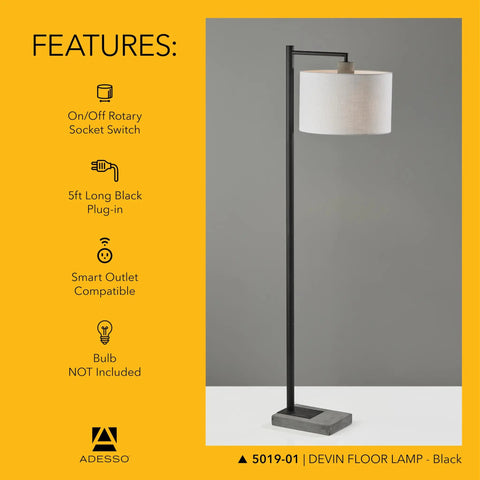 Black Floor Lamp With White Fabric Drum Shade, Three Way Dimmer, 60.75 Inch Tall Standing Light For Bedroom And Living Room