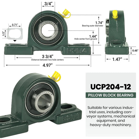 Amazon AR-PRO UCP204-12 mounted pillow block bearing, two-pack; 3/4 in bore, solid cast-iron base, self-aligning, bearing steel.