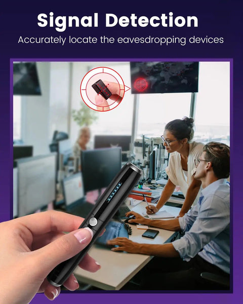 Hand holding 3-In-1 Travel Hidden Camera Detector And GPS Tracker Finder in an office, showcasing signal detection capabilities.