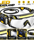 Kickass Rechargeable LED Safety Glasses With Hands Free Work Goggles featuring bright front strip, adjustable cord, and side spotlight.