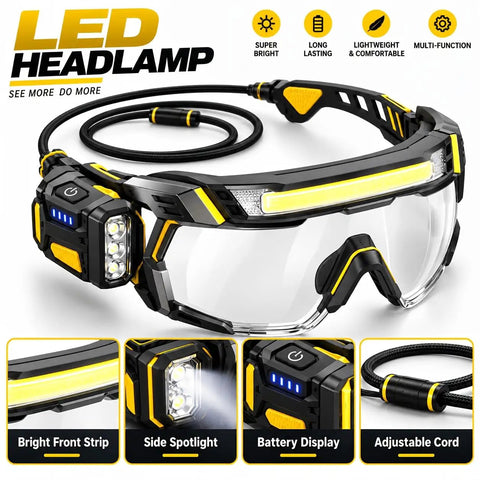 Kickass Rechargeable LED Safety Glasses With Hands Free Work Goggles featuring bright front strip, adjustable cord, and side spotlight.