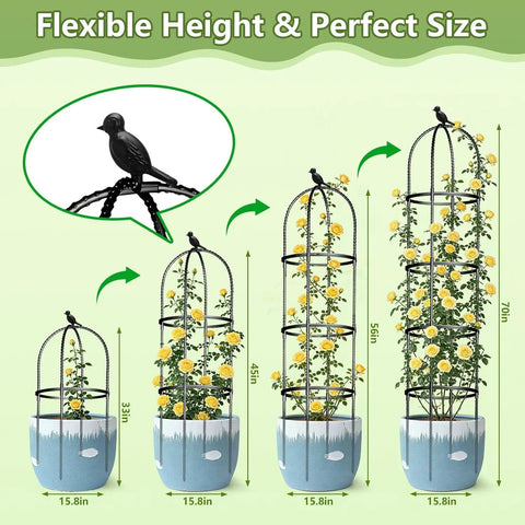 Four sizes of Six Foot Rustproof Metal Trellis With Plastic Coated Frame For Garden Plants Climbing Support, each with bird topper.