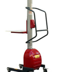 Heavy Duty Electric Lift Work Positioner Truck With 330 Lbs Capacity And 59 Inch Platform Rise For Easy Maintenance, red and steel design with push button control.