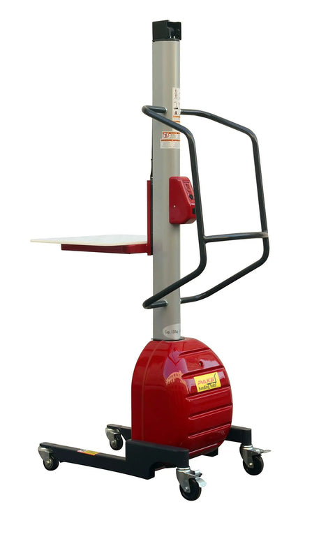 Heavy Duty Electric Lift Work Positioner Truck With 330 Lbs Capacity And 59 Inch Platform Rise For Easy Maintenance, red and steel design with push button control.