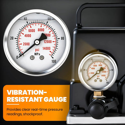 Vibration-resistant gauge on Beefy Electric Hydraulic Pump Power Pack 70 MPa Two Stage System 110V with pressure readings