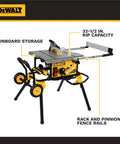 Heavy Hitter 10 Inch Contractor Table Saw With Durable Rolling Stand And Precision Rack Pinion Fence System For No Fuss Assembly And Effortless Wood Cutting All Week Long, showing onboard storage and 32-1/2 in. rip capacity.