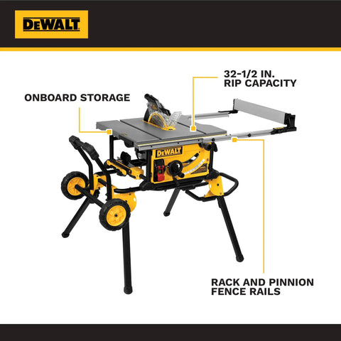 Heavy Hitter 10 Inch Contractor Table Saw With Durable Rolling Stand And Precision Rack Pinion Fence System For No Fuss Assembly And Effortless Wood Cutting All Week Long, showing onboard storage and 32-1/2 in. rip capacity.