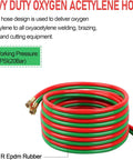 One Quarter Inch By Fifty Foot Oxygen Acetylene Twin Welding Hose coiled with red and green rubber and metal fittings