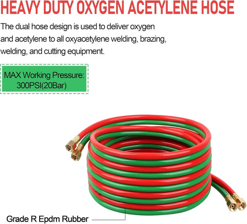 One Quarter Inch By Fifty Foot Oxygen Acetylene Twin Welding Hose coiled with red and green rubber and metal fittings