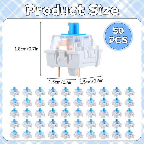 50 Pack Blue 3 Pin Mechanical Keyboard Switches With Dope Clicky Feel Replacement Keys For DIY Keyboard Builds Durable Plastic Shell Copper Contacts And Steel Springs For Smooth Reliable Performance. 50 pcs switch size 1.8 x 1.5 cm