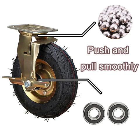 Heavy Duty Pneumatic Swivel Caster Set With Side Brake And Shock Absorbing Wheels For Industrial Toolboxes close-up of caster wheel with air-filled tire.