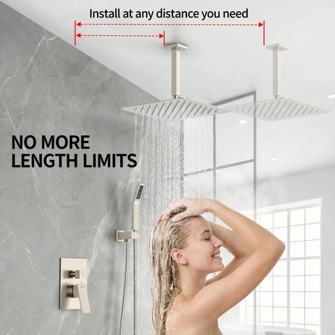 High Quality Ceiling Mount Rain Shower System In Brushed Nickel Featuring A Slick Pressure Balance Valve That Kills Water Hammer Noise For A Truly Top Notch Bathroom Setup