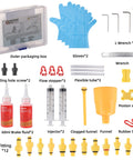 All In One Hydraulic Brake Bleed Kit With 120ml Mineral Oil, Funnel, Syringes And Adapters, kit components displayed.
