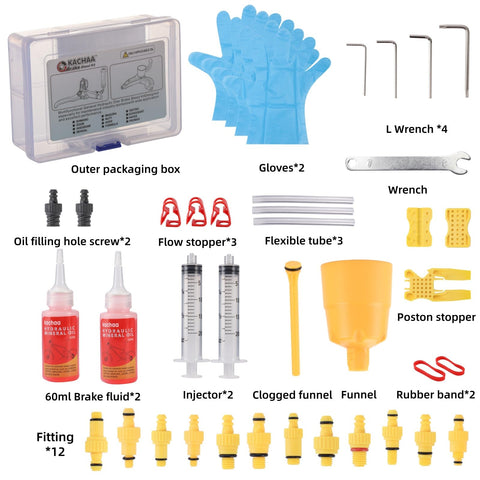 All In One Hydraulic Brake Bleed Kit With 120ml Mineral Oil, Funnel, Syringes And Adapters, kit components displayed.