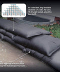Water Activated Flood Bags 1Ft X 2Ft 6 Pack stacked for flood barrier by doorway, showing 3.5-inch height expansion during use.
