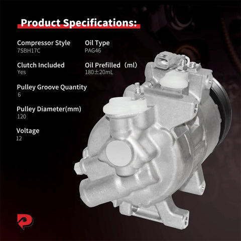 Premium Air Conditioning Compressor With Rock Solid Clutch Direct Bolt On for Chrysler 300 Dodge Charger Challenger 2014-2023 V6 3.6 Liter specifications