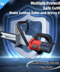 Straight-Shooting Heavy-Duty Electric Concrete Saw With Diamond Chain For Wall Grooving Plus Slotting Drywall Brick Marble Masonry Cutter Tool With Smart Dust Shield, showcasing safety features and guide plate.