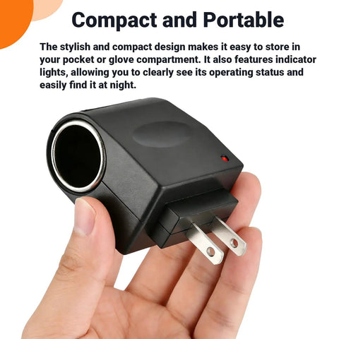 Plug And Play AC DC Car Cigarette Lighter Adapter Converter held in hand, compact design with indicator light for easy charging.