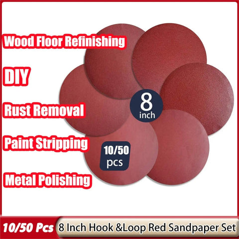 Premium 8 Inch Aluminum Oxide Sanding Discs Set With Grit Range From 40 To 2000 for wood and metal projects, 10 or 50 pack.