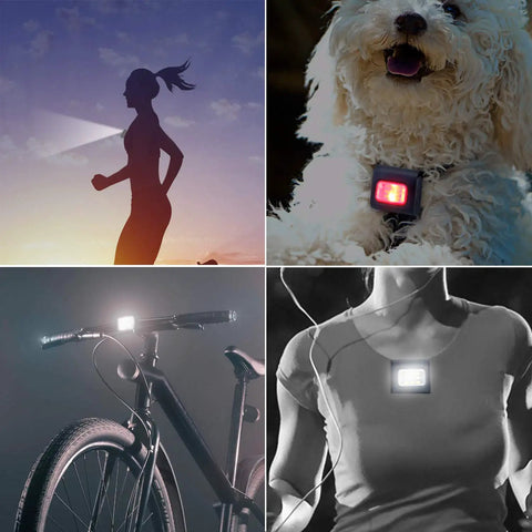 Two Pack Ultra Bright Rechargeable LED Running Lights for night runs, showing use on runner, dog, bicycle, and chest lamp