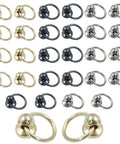 Hella Secure 30 Pack Screwback Rivets For Leather Craft Diy Setup Round Head Metal Studs With Smooth Pull Ring in gold, black, silver finishes.