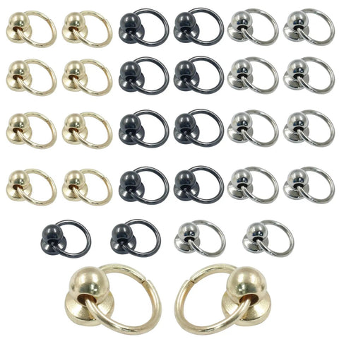 Hella Secure 30 Pack Screwback Rivets For Leather Craft Diy Setup Round Head Metal Studs With Smooth Pull Ring in gold, black, silver finishes.