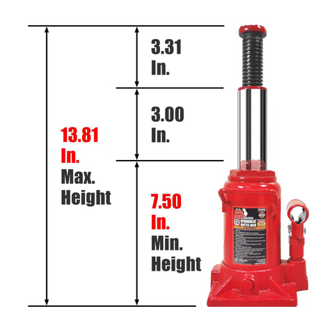 Beefy 12 Ton Hydraulic Stubby Low Profile Bottle Jack With 7.5 Inch To 13.8125 Inch Lift Range, red finish, height measurements visible
