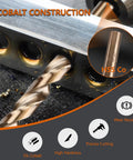 Close-up of 74 Piece M35 Cobalt Drill Bit Set 1mm To 8mm High Speed Steel Twist Bits in use on metal surface.